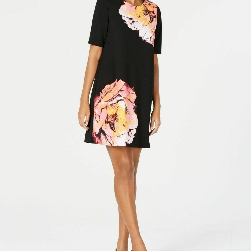Alfani Printed Sheath Dress Black Double Blossom 8